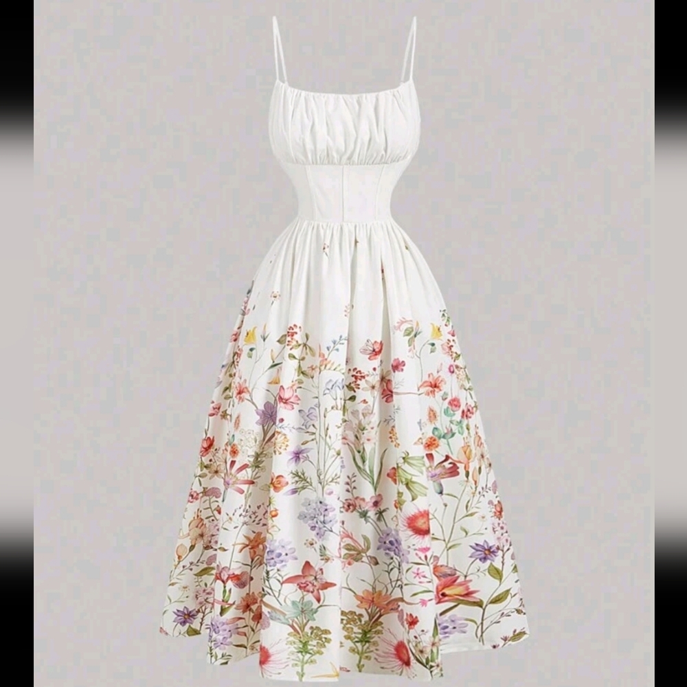White Floral Print Romantic Ruffled Dress, Pastoral Dress, Brunch Dress